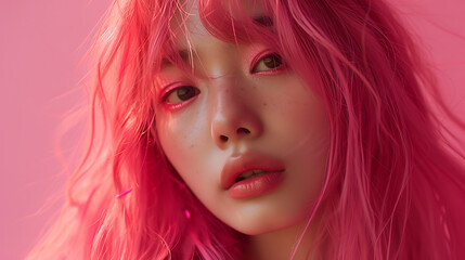 Fototapeta premium Beautiful pink long hair korean model AI generated photography