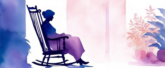 Purple silhouette of an older woman sitting in a rocking chair. Viewed from the side. Isolated on white background. Illustration in watercolor style.