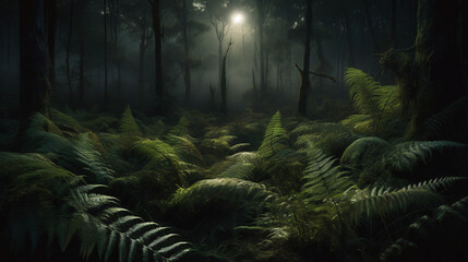 lush fern forest bathed in the soft light of sunrise - obrazy, fototapety, plakaty
