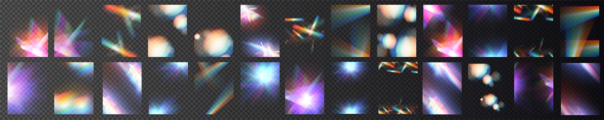Obrazy na Plexi  Crystal light glasses effect sparkle prism glare reflection effect. Banner optical rainbow lights, glare, leak, streak overlay. falling confetti. Vector banner colorful vector lenses and light flares.