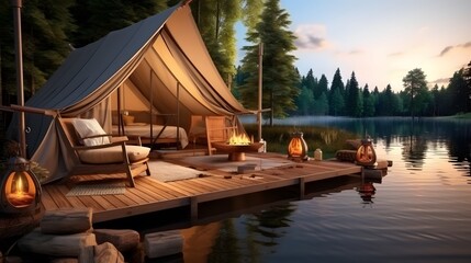 Glamping houses in nature forest by lake. Open traditional canvas bell tent house with modern furniture inside. Tent interior and exterior. AI generative - obrazy, fototapety, plakaty
