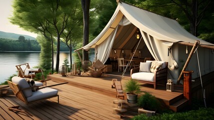 Glamping houses in nature forest by lake. Open traditional canvas bell tent house with modern furniture inside. Tent interior and exterior. AI generative - obrazy, fototapety, plakaty