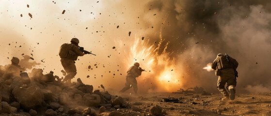 Soldiers advance through a fierce explosion, epitomizing bravery and action