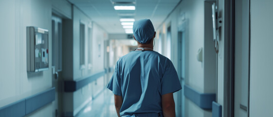 A healthcare worker in scrubs stands in a hospital corridor, embodying quiet strength
