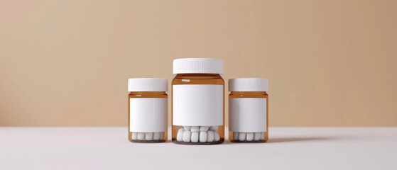 Three blank medication bottles on a subtle backdrop, a statement on pharmaceutical simplicity