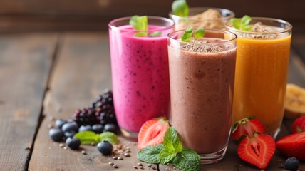 colorful smoothies on wooden table