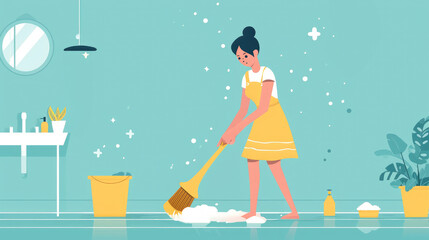 Obraz na płótnie Canvas Cartoon of Woman Handwashing Floor, Colorful flat illustration of a woman in a yellow dress handwashing the floor with a brush and bubbles