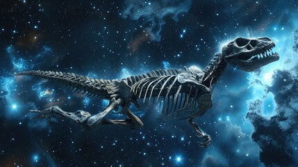 Dinosaur skeletton floating in deep space