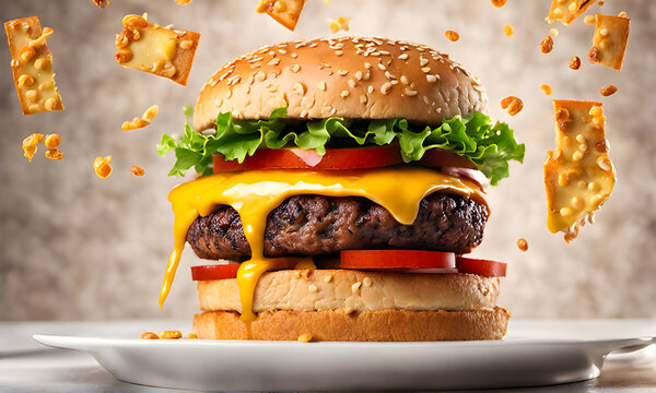 tasty burger with dynamic banner image splash and suspended cheeses Pieces