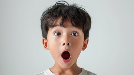 Portrait surprise face, Portrait of an amazed boy with an open mouth and round big eyes, astonished expression,  Looking camera. White background.