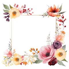 Fototapeta premium Elegant Watercolor Floral Frame With Mixed Blooms and Foliage on a White Background