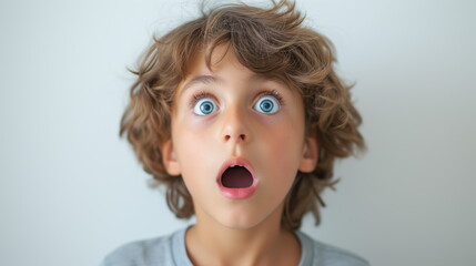 Portrait surprise face, Portrait of an amazed boy with an open mouth and round big eyes, astonished expression,  Looking camera. White background.