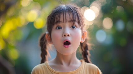 Portrait surprise face, Portrait of an amazed girl with an open mouth and round big eyes, astonished expression,  Looking camera. blur background.
