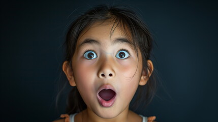 Portrait surprise face, Portrait of an amazed girl with an open mouth and round big eyes, astonished expression,  Looking camera. black background.
