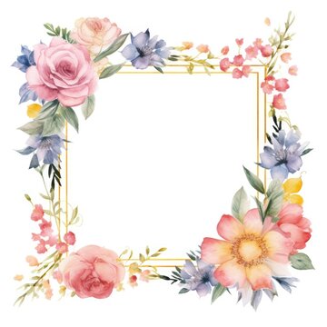 Elegant Watercolor Floral Frame With Mixed Blooms and Foliage on a White Background