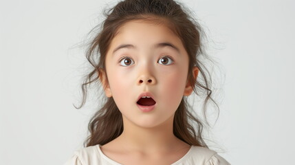 Portrait surprise face, Portrait of an amazed girl with an open mouth and round big eyes, astonished expression,  Looking camera. White background.