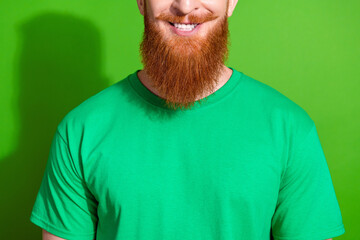Close up portrait of cheerful funky guy with red long beard wear stylish t-shirt toothy smiling...