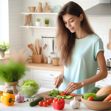 woman in pastel blue t-shirt cooking vegetables on table in white kitchen