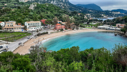 Panoramic view of the beautiful seaside resort of Paleokastritsa, Corfu Island, Greece.