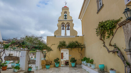 The bell tower of the Monastery of Our Lady in the resort of Paleokastritsa, Corfu Island, Greece.