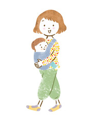 子供を抱っこ紐で抱っこする母親の手描きイラスト