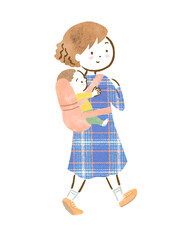 子供をおんぶ紐でおんぶする母親の手描きイラスト