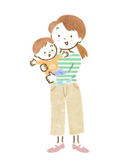 子供（男の子）を抱っこする母親の手描きイラスト
