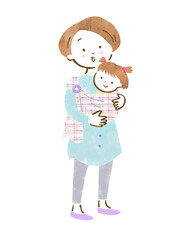 子供をスリングで抱っこする母親の手描きイラスト