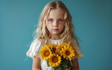 Little Girl Holding a Bouquet of Sunflowers