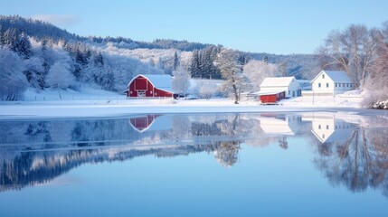 a tranquil winter scene with a clear blue sky.