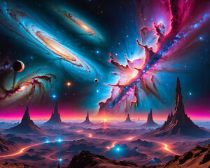 Obraz premium Unreal Cosmic Scenery - Spectacular celestial bodies, cosmic redshift, and intergalactic vistas Gen AI
