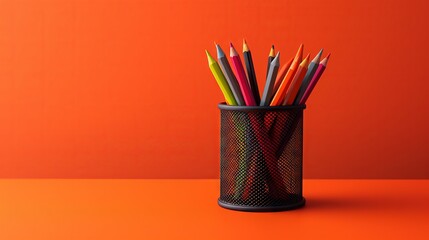 Colorful pencils in a black mesh holder on a vibrant orange surface - obrazy, fototapety, plakaty
