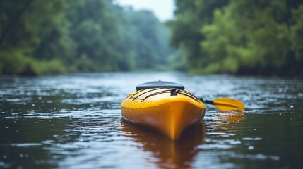 Solo kayak adventure on a serene lake early in the morning mist