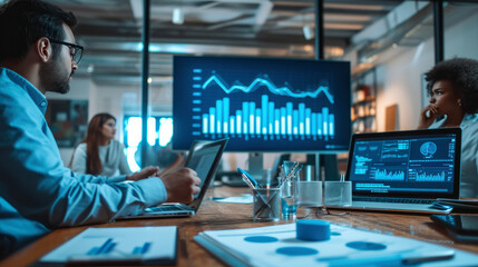 Professionals gather in a modern office, engaging in a dynamic discussion. Strategic planning tools, graphs, and digital devices in use highlight innovative business strategies.