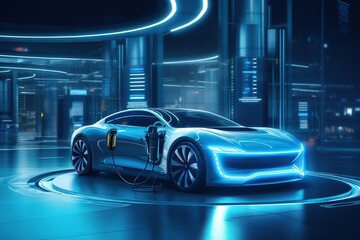 A modern electric car charges at a futuristic charging station with neon lights in city night.