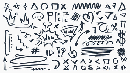 Large pack of vector sketch elements. A set of different symbols for design.