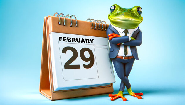 Frog in Suit with Leap Year Calendar. Leap Year Concept.