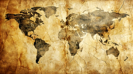 Antique World vintage Map on Worn Parchment Paper - Concept of Global Exploration