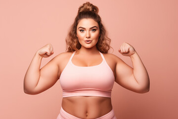Obraz premium portrait of Strong and Confident Plus-Size Woman in Pink Sportswear Flexing arms Muscles on plain peach background
