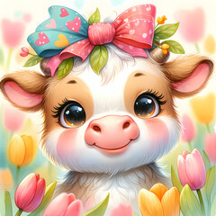 Cute highland cow wearing glasses with bow, flowers, digital illustration