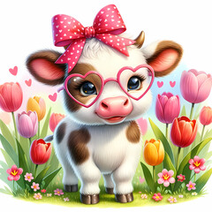 Cute highland cow wearing glasses with bow, flowers, digital children's illustration
