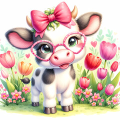 Cute cow wearing glasses with bow, flowers, digital children's illustration