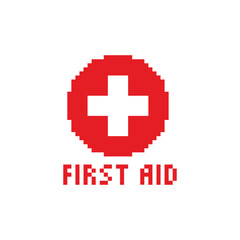 Obraz premium pixel firs aid icon. Vector pixel art medical 8 bit game logo for company 