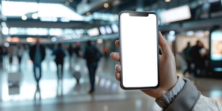 Mockup image of a person holding and showing white mobile phone with blank black desktop screen to someone train station airport with passing people on background. Travel advert transport concept
