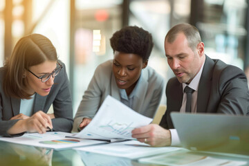 A corporate team collaborates on financial planning, emphasizing their detailed examination of documents and strategic market analysis in a professional setting.