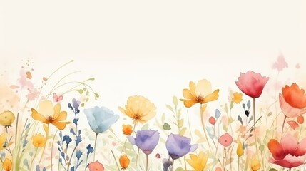 Pastel Watercolor Illustration of Various Blooming Flowers in a Springtime Meadow
