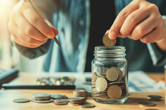 The meticulous act of placing coins into a savings jar represents the foundational steps of wealth accumulation and financial planning, highlighting personal finance and saving habits.