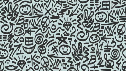 Seamless fun doodle vector pattern on gray. Hand drawn sketch brush stroke fabric print. Web page fill, wrapping paper texture trendy design. 70s 80s background. Simple childish scribble backdrop