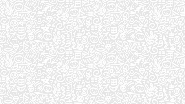 Seamless white fun doodle vector pattern. Hand drawn light sketch brush stroke fabric print. Web page fill, wrapping paper texture trendy design. 70s 80s background. Simple childish scribble backdrop