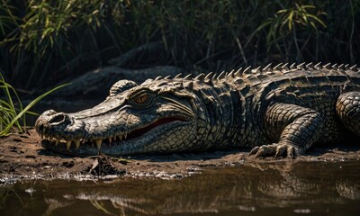Fototapeta premium Savannah Serenade: A Symphony of Crocodile's Lakeside Hunt